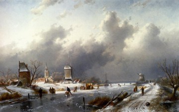 Un paysage d’hiver glacé avec des patineurs paysage Charles Leickert stream Peinture à l'huile